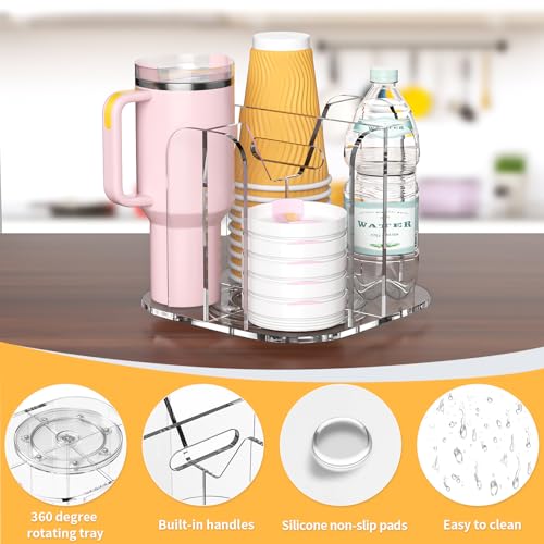 4-Compartment Countertop Cup Dispenser - Clear Acrylic Cup and Lid Carousel Coffee Bar Accessories Rotating Beverage Cup Holder Disposable Paper Cup Organizer for Restaurant Kitchen Breakroom - color: Clear