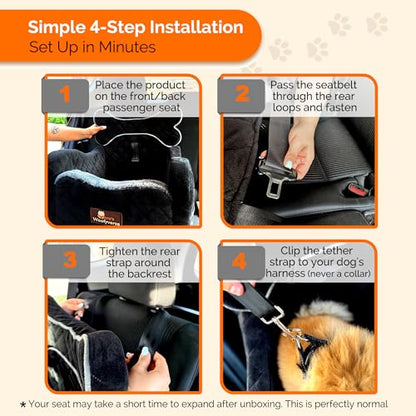 Yara’s Woofyverse Dog Car Seat for Small & Medium Dogs - Premium Booster, Fur-Lined Headrest, Adjustable Cushions & 6-Pocket Storage - Portable Pet Seat for Front/Back Travel - Midnight Ash
