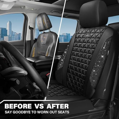 CAR PASS Bling Diamond Leather Car Seat Covers 2 Front Seats Interior Sets, Waterproof Shining Glitter Sparkly Crystal Universal Armrest Fit Automotive Truck SUV Cute Women Girl, Black PU Rhinestone - color: Black Diamond, size: Two Front Seats