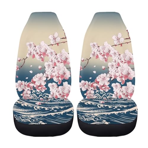 Cherry Blossom Sea Wave Print Car Seat Covers, 2 Pieces Washable Vehicles Front Seat Protectors, Scratch-Resistant Bucket Seat Cover Fits Most Vehicles, Sedans, Trucks, SUVs, Vans - color: Cherry Blossom Sea Wave