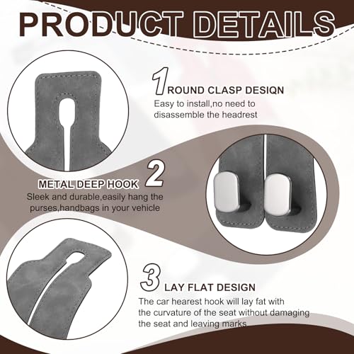 PATIKIL Headrest Hooks for Car, 2 Pcs Car Seat Back Organizers Storage Headrest Hook Suede Double Hanger Purse Holder for Cute Purses Bags, Gray