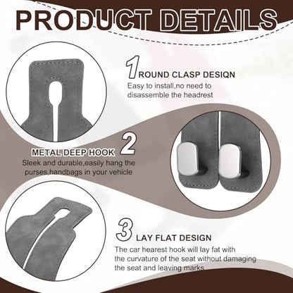 PATIKIL Headrest Hooks for Car, 2 Pcs Car Seat Back Organizers Storage Headrest Hook Suede Double Hanger Purse Holder for Cute Purses Bags, Gray