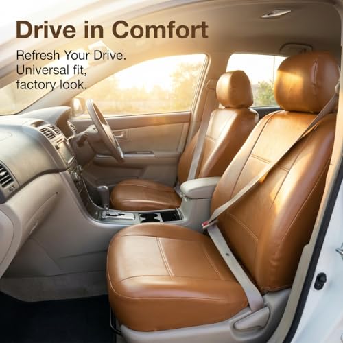 FH Group PU309102 All-Purpose Built-in Seat Belt PU Leather Seat Covers (Tan) Front Set – Universal Fit for Cars Trucks & SUVs - color: Tan - Low Back (Faux Leather), size: Front Set
