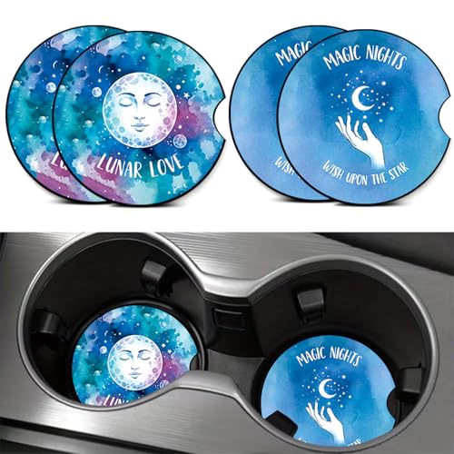 4PCS Star and Moon Car Cup Holder Coasters,Car Coasters Cars Accessories Interior Decor Universal Neoprene 2.75" Anti-Slip Rubber Mat with Finger Slot, Celestial Gifts for Women, Men, Driver - color: Stars and Moon