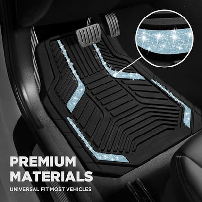 PIC AUTO Car Floor Mats, Light Blue Sparkly Crystal Bling Glitter Car Mats Set, Front and Rear Heavy Duty Rubber Car Mats with Anti-Slip Backing, All Weather, Trim-to-Fit for SUVs, Trucks, Sedan, Vans - color: Light Blue Glitter