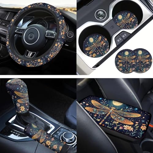Dragonfly Print Car Steering Wheel Cover Sets for Women Moon Flower Auto Interior Accessories Cup Holder Armrest Pad Seatbelt Cushion Fit Vans Trucks,SUV - color: Dragonfly print