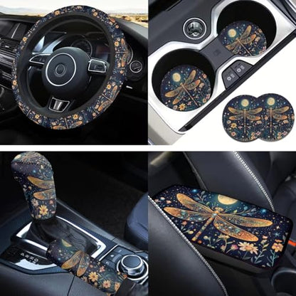 Dragonfly Print Car Steering Wheel Cover Sets for Women Moon Flower Auto Interior Accessories Cup Holder Armrest Pad Seatbelt Cushion Fit Vans Trucks,SUV - color: Dragonfly print