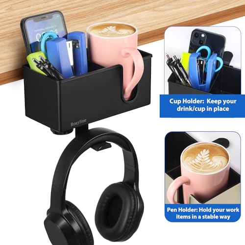 Rosyline 3-in-1 Desk Cup Holder & Clip-on Cup Holder, Clip on Desk Organizer – with Anti-Spill Function, Keeps Your Coffee, Headset, Phone & Pens Within Easy Reach, for Office Desk (Black) - color: Black