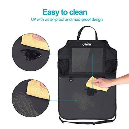 Oasser Seat Back Protector Kick Mats 12.9" I pad Holder 2 Pack XL with 1 Tissue Box Car Seat Organizer Back of Seat Protector Clear 2 Large Car Organizers and Storage