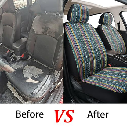 Baja Saddle Blanket Car Seat Covers, Boho Striped Woven Front Seat Protectors, Breathable & Washable Interior Covers, Universal Fit for Most Cars SUVs Trucks, Airbag Compatible, Green, 8 pcs. - color: GREEN