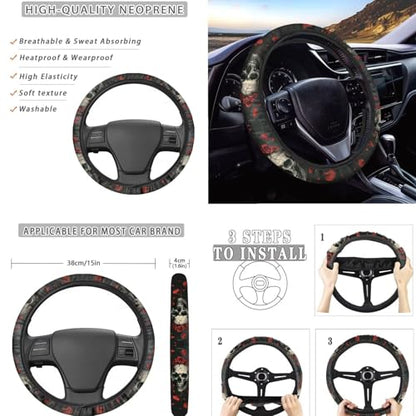 Skull Rose Printed 15 Pcs Car Interior Covers Set, Car Accessories Set Front Rear Car Seat Covers with Steering Wheel Cover Seat Belt Covers Car Headrest Cover Car Coaster - color: Black and Red-Skull Rose