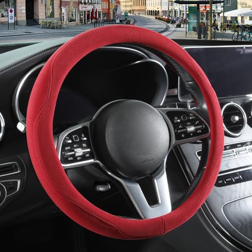 14 inch Red Suede Steering Wheel Cover, Breathable Non-Slip Sweat-Proof Wear-Resistant No Pilling, Warm in Winter and Cool in Summer - color: Red, size: Round-S[13.5''-14'']