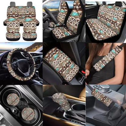 Dreaweet Aztec Brown Cow Seat Covers for Cars Full Set 12 Pcs Universal Car Accessories with Steering Wheel Cover/Armrest Cover/Seat Belt Pads/Coasters/Gear Shift Cover/Handbrake Cover,Universal Fit - color: Aztec Brown Cow