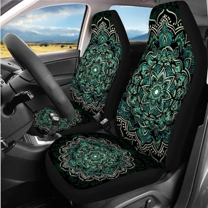 14 Pcs Green Mandala Car Seat Covers with Steering Wheel Cover,Seat Belt Covers Cup Holder with Keychain,Novelty Automotive Protector Set Universal Fit Cars SUV Truckss,Green
