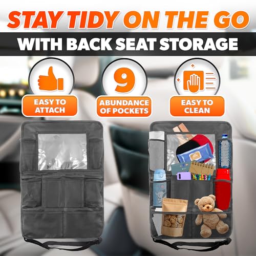 2 Pcs Backseat Car Organizer - Travel-Ready 23.4x16" Back Seat Car Organizer with 9 Large Pockets & Clear Tablet Holder, Made of Reliable Polyester with Long and Strong Straps - Easy to Attach & Clean