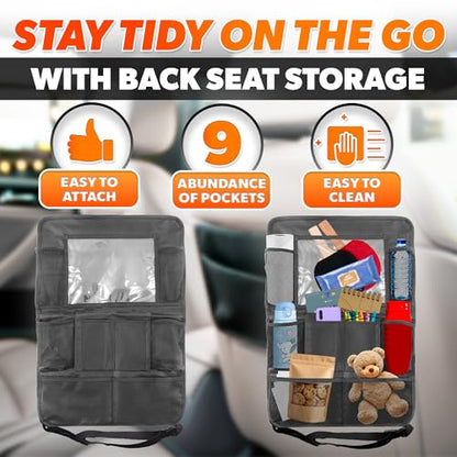 2 Pcs Backseat Car Organizer - Travel-Ready 23.4x16" Back Seat Car Organizer with 9 Large Pockets & Clear Tablet Holder, Made of Reliable Polyester with Long and Strong Straps - Easy to Attach & Clean