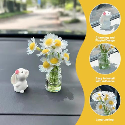 1 Set Car Dashboard Decorations, Mini Daisy Flower in Vase with Bunny, Self Adhesive Ornament for Car Interior and Dashboard Decor