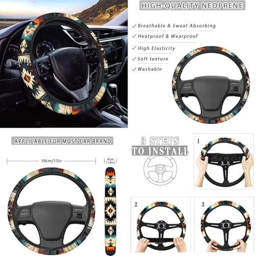 Dreaweet Aztec Car Seat Covers Full Set,Native American Geometric Car Deocr Set of 12,Universal Steering Wheel Cover with Center Console Cover,Cup Coasters,Seatbelt Covers,Gear Shift Handbrake Cover - color: Aztec Geometric