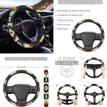 Dreaweet Aztec Car Seat Covers Full Set,Native American Geometric Car Deocr Set of 12,Universal Steering Wheel Cover with Center Console Cover,Cup Coasters,Seatbelt Covers,Gear Shift Handbrake Cover - color: Aztec Geometric