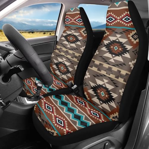 INSTANTARTS Two Front Car Seat CoversCars Seats Cover fit for Most of SUV,Sedan,Trucks Universal Bucket Seat Cover Auto Aztec Green Cover - color: Aztec Brown