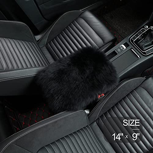 LLB Auto Center Console Cover Pad Universal Fit for SUV/Truck/Car, Genuine Sheepskin Wool Fur Car Armrest Seat Box Cover, Furry Fluffy Auto Armrest Cover Protector (Black) - color: Black