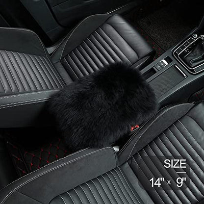LLB Auto Center Console Cover Pad Universal Fit for SUV/Truck/Car, Genuine Sheepskin Wool Fur Car Armrest Seat Box Cover, Furry Fluffy Auto Armrest Cover Protector (Black) - color: Black