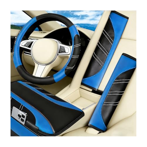 4PCS Car Accessories Set, 14.5-15" Sporty Microfiber Leather Steering Wheel Cover with Anti-Slip Lining, Center Console Cover, Seat Belt Cushion, Universal Fit (Black/Blue)