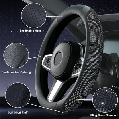 Bling Leather Steering Wheel Cover, Diamond Crystal Rhinestones Sparkly Steering Wheel Protector for Women Girls Soft Breathable Non-Slip Universal Fit 15" Car Accessories - Black - color: Black