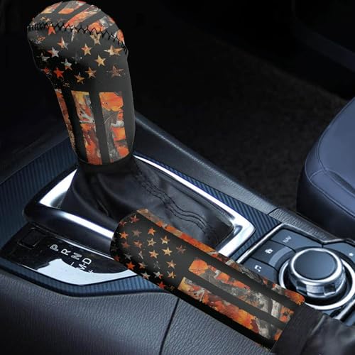 American Flag 2 Pcs Car Handbrake Cover and Gear Shift Protection Sets for Women Men Orange Camo Hunting Soft Stretchy Car Handbrake Protection and Gear Shift Knob Cover, Universal Fit - color: American Flag Orange Camo Hunting