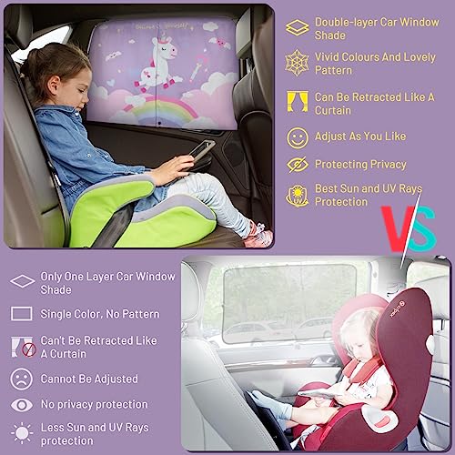 Car Window Shades, 2 PCS Magnetic Double Layer Car Sun Shade for Side Windows Privacy Full Covers/Half Shade Options Unicorn Patterns Car Window Curtains for Baby Protection - color: Purple-2pcs