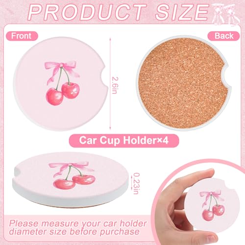 Boao 4 Pcs Car Cupholder Coasters for Valentine's Day, Ceramic Coasters 2.56'' Anti Slip Base with Finger Notch for Dry Clean, Car Interior Accessories, Birthday Gifts(Pink Bow) - style: Pink Bow