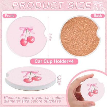 Boao 4 Pcs Car Cupholder Coasters for Valentine's Day, Ceramic Coasters 2.56'' Anti Slip Base with Finger Notch for Dry Clean, Car Interior Accessories, Birthday Gifts(Pink Bow) - style: Pink Bow