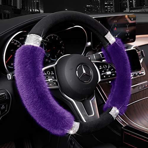 Achiou Rhinestone Fluffy Steering Wheel Cover - Comfortable Non-Slip Luxury Faux Wool, Universal Fit for 14.5" to 15" Steering Wheels - color: Black and Purple