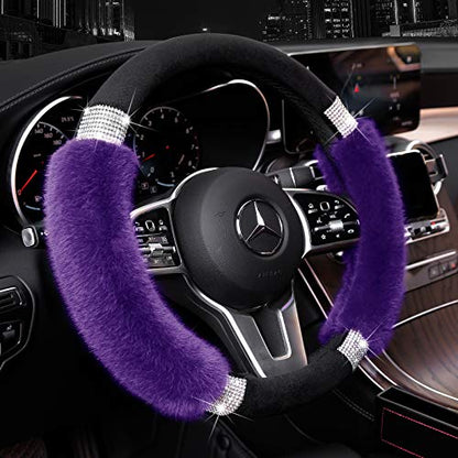 Achiou Rhinestone Fluffy Steering Wheel Cover - Comfortable Non-Slip Luxury Faux Wool, Universal Fit for 14.5" to 15" Steering Wheels - color: Black and Purple