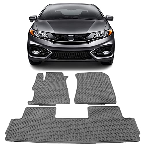 IKON MOTORSPORTS, Custom Fit Floor Mats Compatible with 2012-2015 Honda Civic Sedan 4-Door, Gray/Grey Latex Rubber All Weather Car Auto Front Rear Carpets Liner 3PC Set Protector, 2013 2014