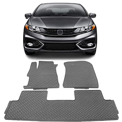 IKON MOTORSPORTS, Custom Fit Floor Mats Compatible with 2012-2015 Honda Civic Sedan 4-Door, Gray/Grey Latex Rubber All Weather Car Auto Front Rear Carpets Liner 3PC Set Protector, 2013 2014