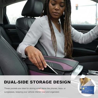 Car Center Console Cover, Leather Auto Arm Rest Protector Cushion with 2 Side Storage Bags, Universal Armrest Cushion Pad Middle Console Cover for SUVs Sedans Trucks (Purple) - color: Purple