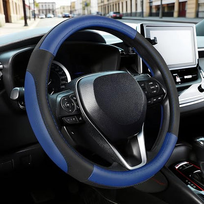 SEG Direct Car Steering Wheel Cover Universal Standard Size 14.5-15 inch, Black and Blue Microfiber Leather - color: Black and Blue, size: Standard size[14 1/2''-15'']