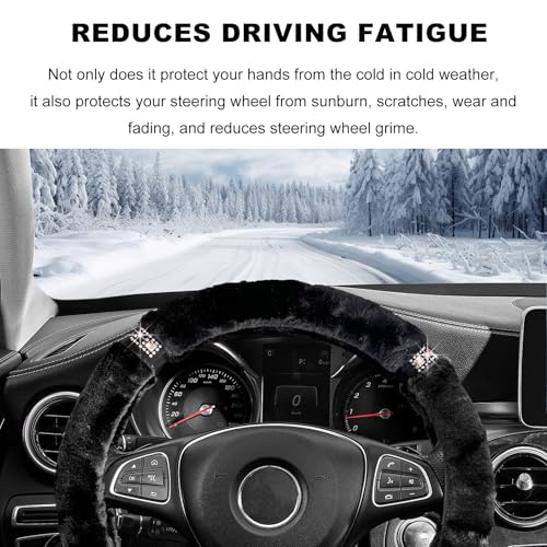 Diamond Fluffy Steering Wheel Cover, 15 Inch Bling Crystal Rhinestones Steering Wheel Protector, Winter Warm Universal Steering Wheel Pad for Women Girls, Car Accessories (Black) - color: Black