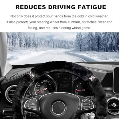 Diamond Fluffy Steering Wheel Cover, 15 Inch Bling Crystal Rhinestones Steering Wheel Protector, Winter Warm Universal Steering Wheel Pad for Women Girls, Car Accessories (Black) - color: Black