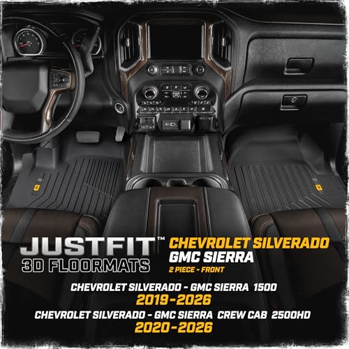 CAT® JustFit™ 3D Custom Fit Floor Mats Chevrolet Silverado 1500/GMC Sierra 2019-2026, Chevy Silverado 2500HD/3500HD Crew Cab/GMC Sierra 2500HD/3500HD Crew Cab 2020–26 Floor Liner Laser Measured Front - style: Chevy Silverado (2019–2026) / GMC Sierra (2020