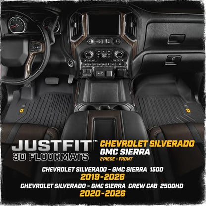 CAT® JustFit™ 3D Custom Fit Floor Mats Chevrolet Silverado 1500/GMC Sierra 2019-2026, Chevy Silverado 2500HD/3500HD Crew Cab/GMC Sierra 2500HD/3500HD Crew Cab 2020–26 Floor Liner Laser Measured Front - style: Chevy Silverado (2019–2026) / GMC Sierra (2020