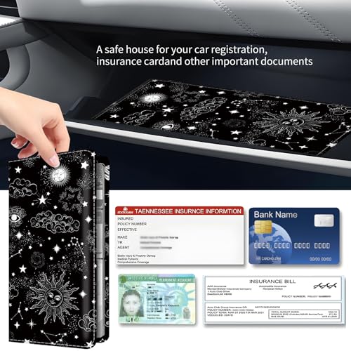 Premium Car Registration and Insurance Card Holder, Cute PU Leather Car Document Holder, Vehicle Glove Box Car Organizer with Magnetic Closure for Driver License, Cards Black Celestial Sky - color: Black Celestial Sky