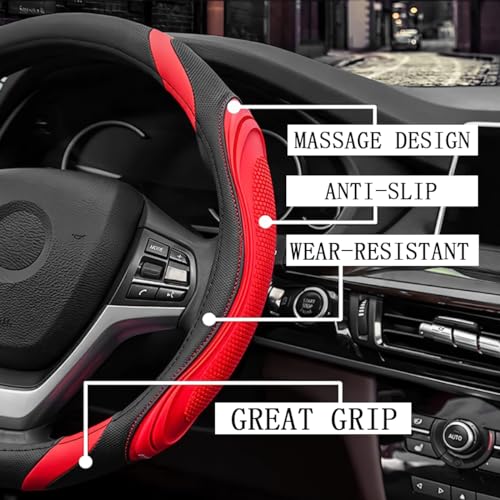 15 Inch Car Leather Steering Wheel Cover, Automotive Accessories Elastic Breathable Anti-Slip Soft Wheel Protector Fits Men and Women, Suitable for SUVs, Trucks, Vehicles and RVs (Red) - color: Red