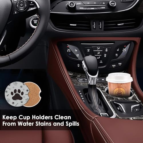 Absorbent Car Coasters 2 Pack for Cup Holders, 2.56" Ceramic Stone & Non-Scratch Cork Base Drink Coasters Dog Footprints