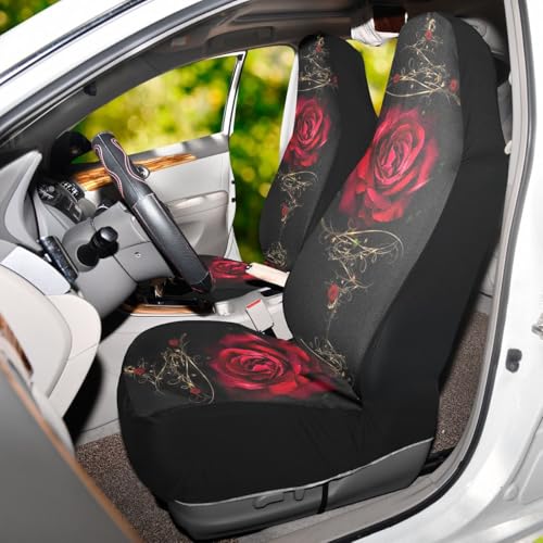 Red Rose Car Seat Covers Set of 2,Vintage Floral Art Flower Print Universal Auto Front Seat Protector Vehicle Seat Cushion Cover for Women Decorative Car Accessories Fit for Car SUV Truck - color: Red