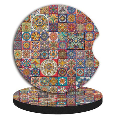 Boho Absorbent Neoprene Car Coasters, 2.75inch Mandala Style, 2 Pack Universal with Finger Slot