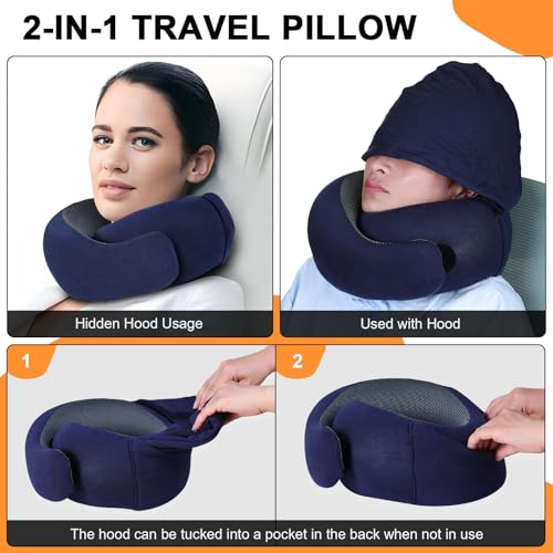 Travel Pillow - Hooded Neck Pillow Airplane Memory Foam Filling for Plane, Office, Cars Sleeping, Road Trip, Long Flights, Airplane Travel Essentials, Includes Eye Mask & Earplugs (Navy) - color: Navy