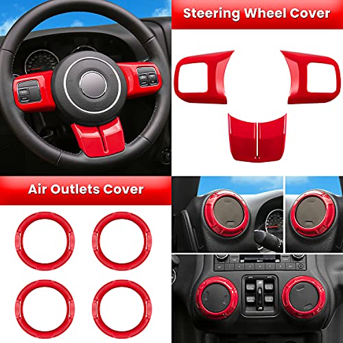 E-cowlboy 18 PCS Full Set Interior Decoration Trim Kit Steering Wheel Center Console Door Handle Air Conditioning Vent Cup Holder Gear Cover Trim for Jeep Wrangler JK JKU 2011-2018 4-Door (Red) - color: Red
