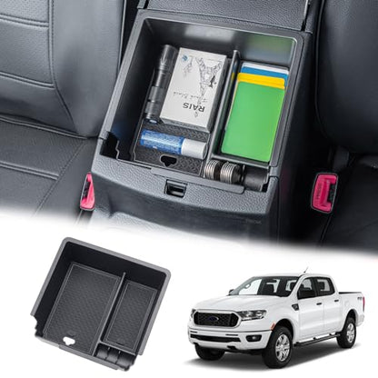 PIMCAR Compatible with 2019 2020 2021 2022 2023 Ford Ranger Center Console Organizer ABS Plastic Material Armrest Box Insert Tray Accessories (Not for 2023 Ranger XL/Raptor/Wildtrak)-Black Trim
